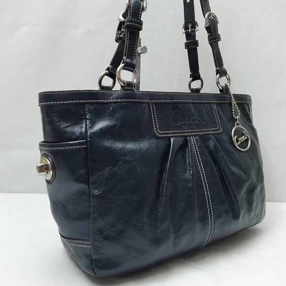 Coach Navy Blue Patent Leather Double Handles Zipper Closure Tote Bag - Picture 15 of 16